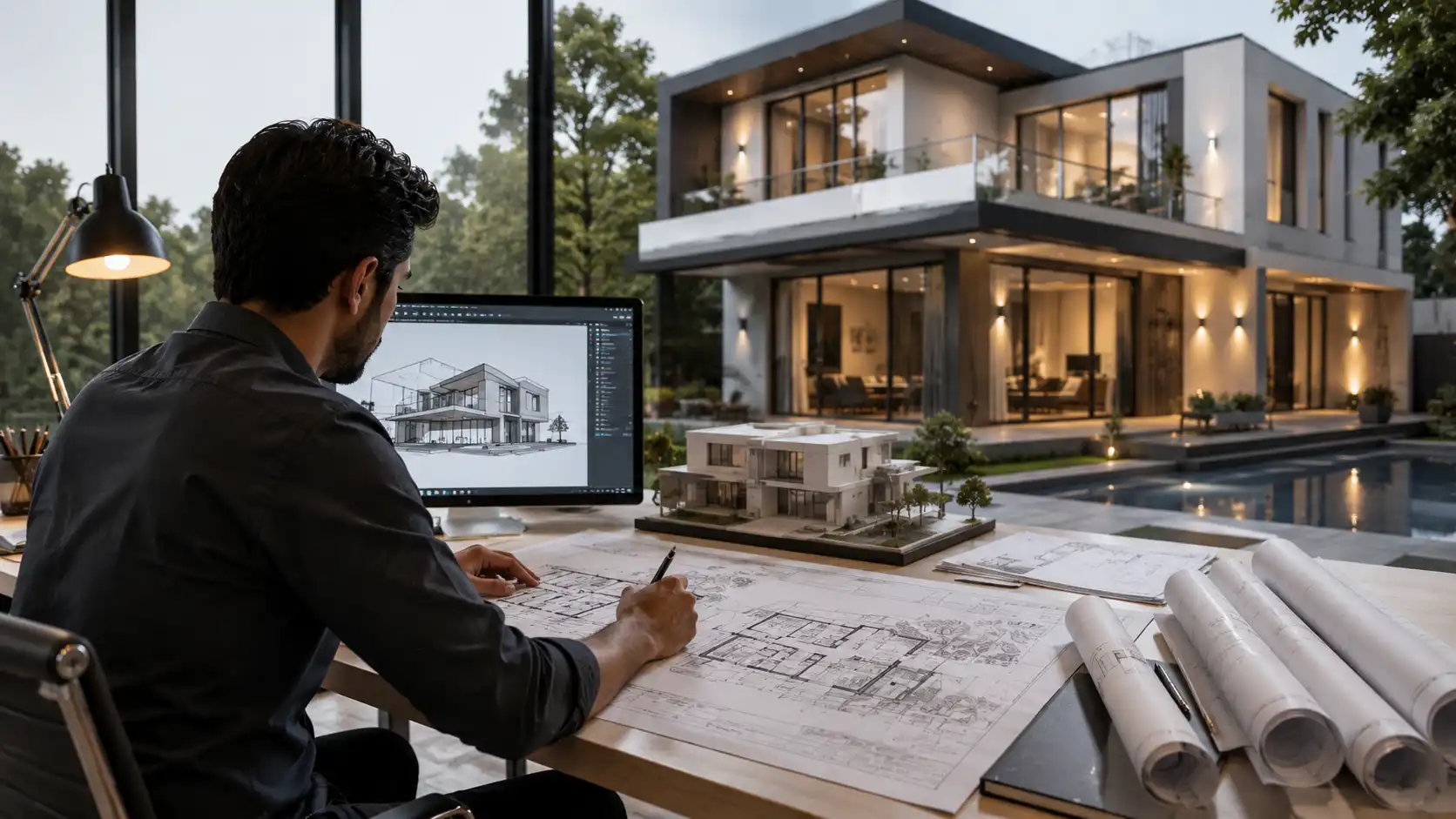 Architect reviewing structural blueprints
